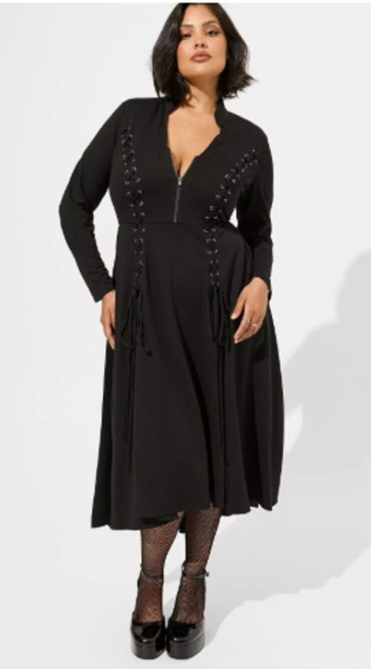 Torrid Nightfall Midi Light Ponte Corset & Zipper Detail Dress Sz 2 Black Goth
